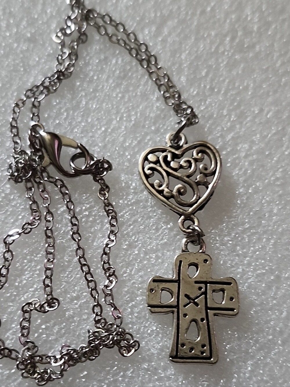 Hand Crafted Silver-Tone Heart and Cross Pendant Necklace